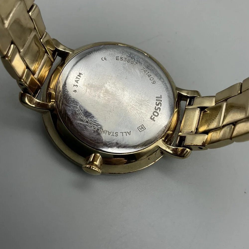 Fossil Womens Watch 36mm Gold Tone Champagne Dial Day Date ES3667 New Battery 6